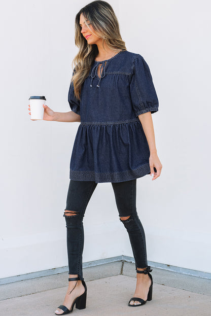 Sail Blue Puff Sleeve Lace-up Neckline Splicing Denim Blouse