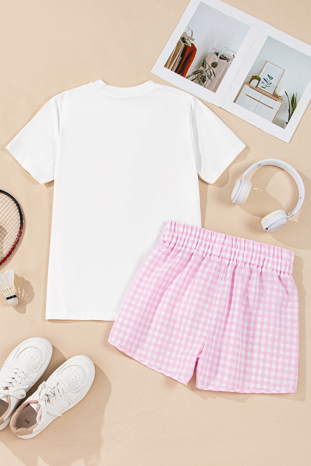 White MAMA Printed Tee and Plaid Shorts Lounge Set