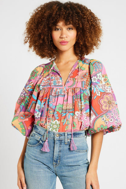 Multicolour Boho Floral Bubble Sleeve Tassel Tied Neck Pleated Blouse