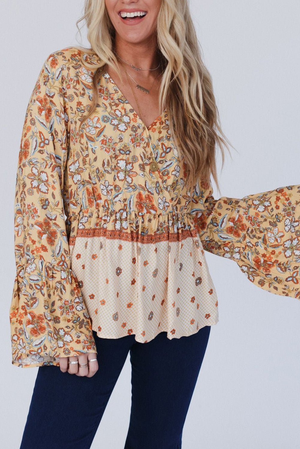 Yellow Printed Floral Bell Sleeve V Neck Wrapped Contrast Peplum Blouse