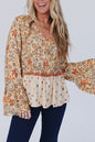 Yellow Printed Floral Bell Sleeve V Neck Wrapped Contrast Peplum Blouse