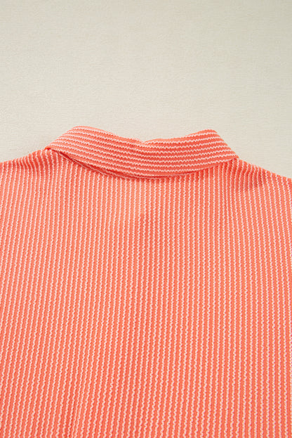 Grapefruit Orange Corded Half Sleeve Button Up High Low Hem Loose Shirt