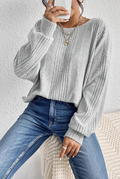 Light Grey Textured Crossover Backless Knit Long Sleeve Top