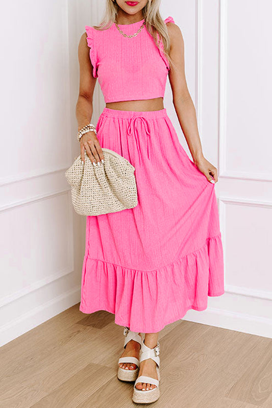 Bonbon Textured Ruffle Trim Crop Vest Lace-up Long Skirt Set