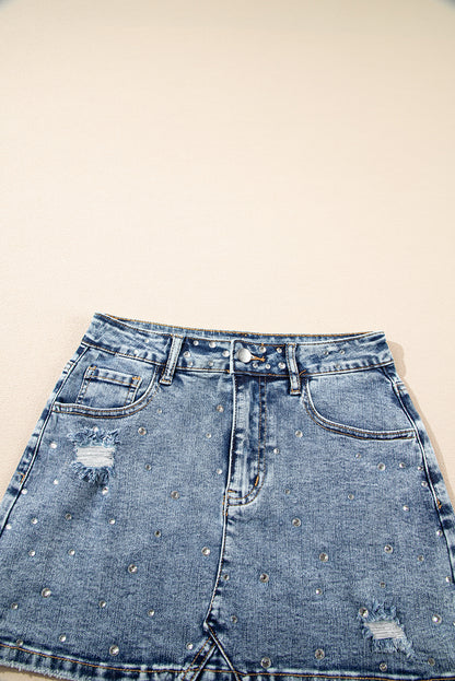 Dusk Blue Rhinestone Distressed Denim High Waist Mini Skirt