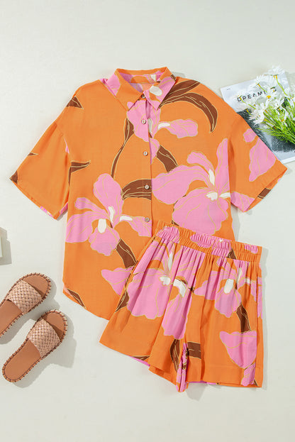 Russet Orange Floral Print Tunic Shirt and Shorts Set