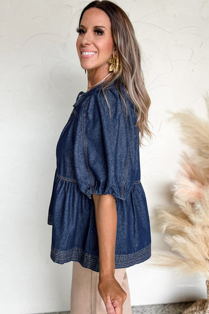 Sail Blue Puff Sleeve Lace-up Neckline Splicing Denim Blouse