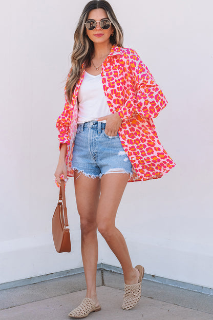 Rose Leopard Printed Button Up Loose Shirt