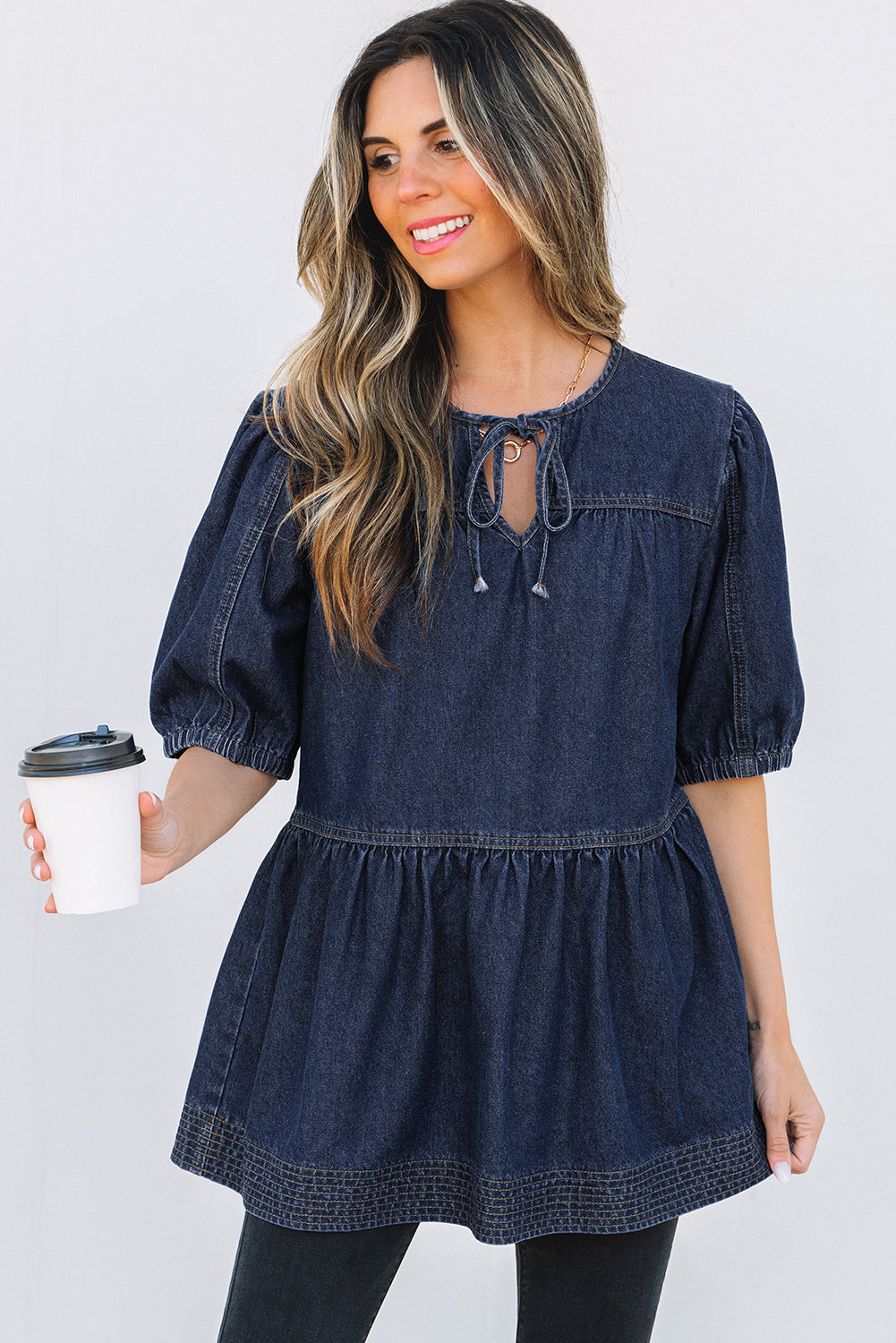 Sail Blue Puff Sleeve Lace-up Neckline Splicing Denim Blouse