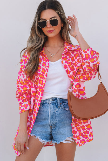 Rose Leopard Printed Button Up Loose Shirt