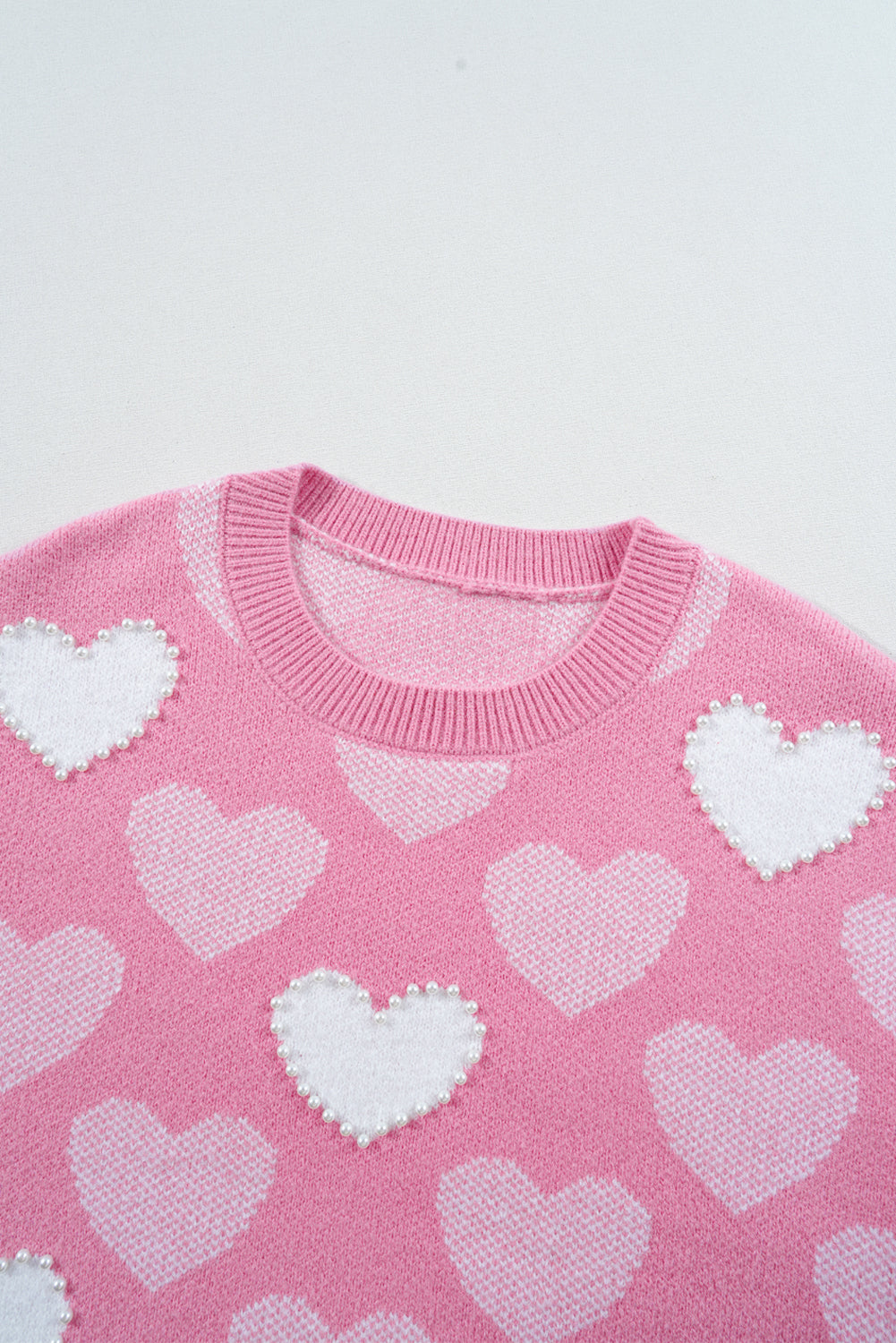 Pink Pearled Heart Print Valentines Crew Neck Sweater