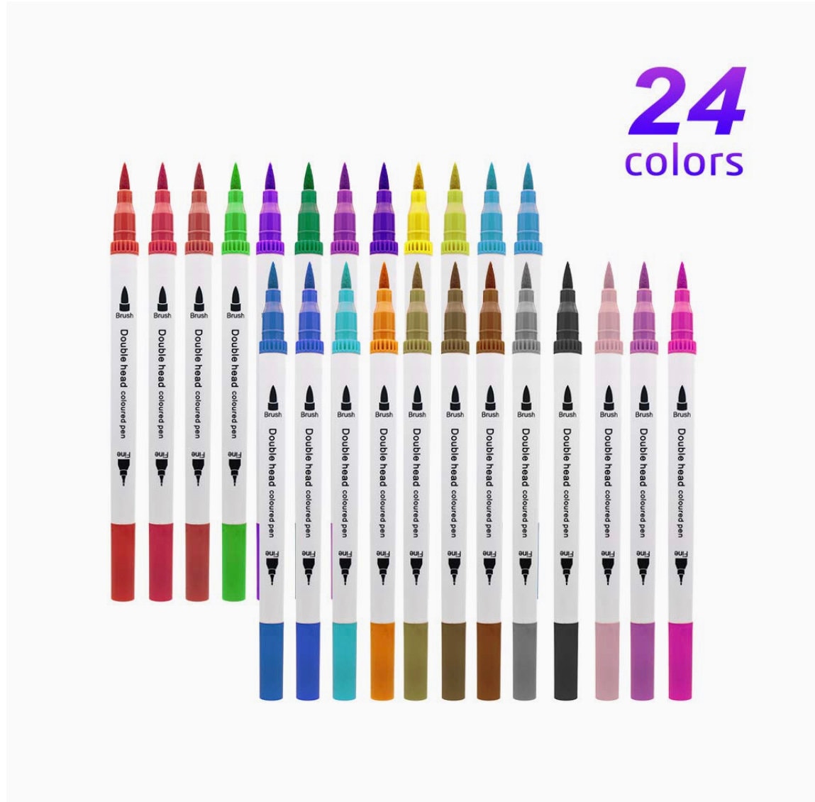 24-color dual tip brush marker set for art supplies, featuring a variety of vibrant colors, ideal for drawing, coloring, and calligraphy.