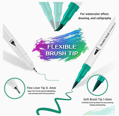 12-Color Dual Tip Brush Pens for Art & Calligraphy showing flexible brush tip, fine liner tip, and labeled brush tip dimensions.