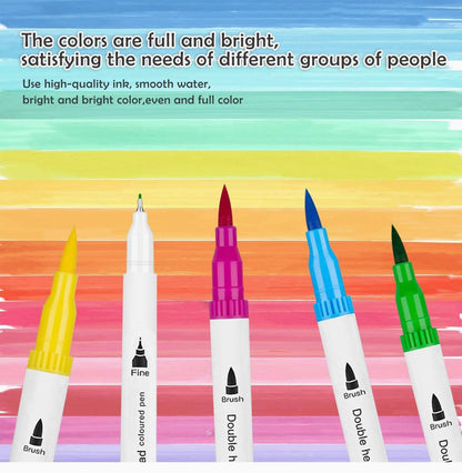 24-Color Dual Tip Brush Marker Set featuring fine and brush tips, vibrant and bright ink, ideal for art supplies, coloring, drawing, and crafting.