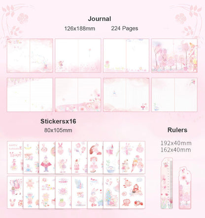 Planner Gift Set with Journal, Washi Tape, Stickers - Cute Kawaii Stationery Collection including: 126x188mm journal with 224 pages featuring pastel pink floral designs, 16 sheets of 80x105mm kawaii stickers with adorable animal and floral themes, and two decorative rulers 192x40mm and 162x40mm with intricate floral patterns. Perfect for DIY journaling, scrapbooking, and planning.