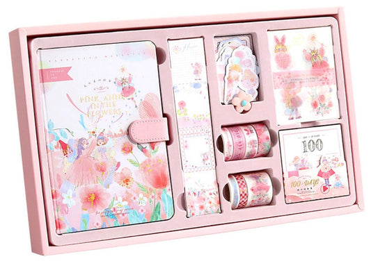 Planner Gift Set with journal, floral washi tape, and cute stickers in pink themed kawaii style packaging.