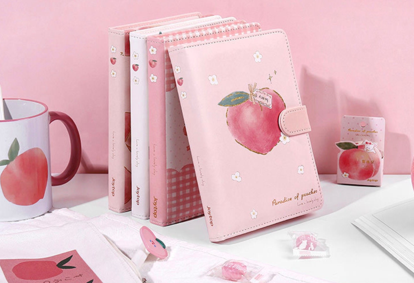 Peach Pink Magnetic Buckle Journal Gift Set featuring a pink cover with adorable peach illustrations, accompanied by matching peach-themed stationery items, ideal for kawaii desk decor and cute gifts.