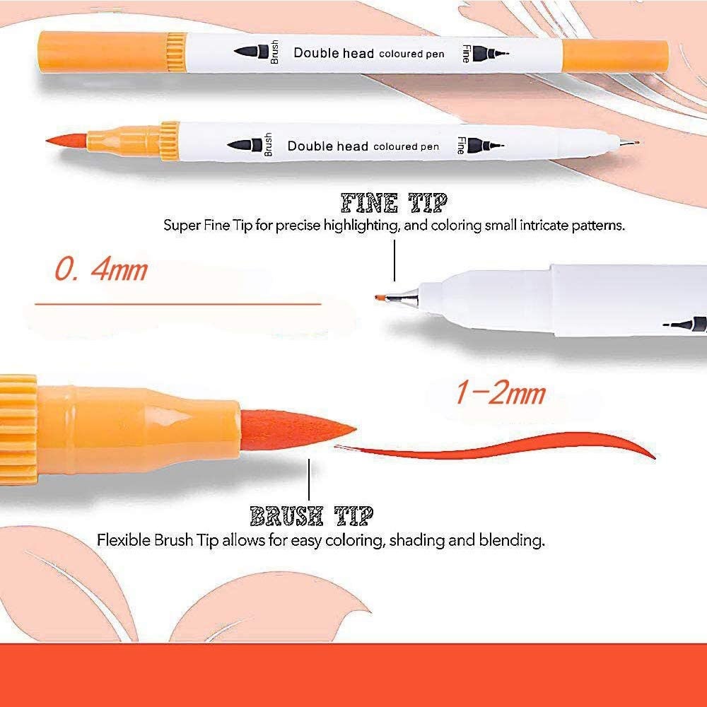 Dual tip brush marker set showcasing fine tip and brush tip features for precise coloring, highlighting, shading, and blending; includes super fine 0.4mm and flexible 1-2mm tips.