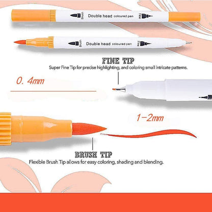 Dual tip brush markers with fine and brush tips showing 0.4mm fine tip for precision and 1-2mm brush tip for shading and blending. Ideal for coloring, highlighting, and intricate patterns.