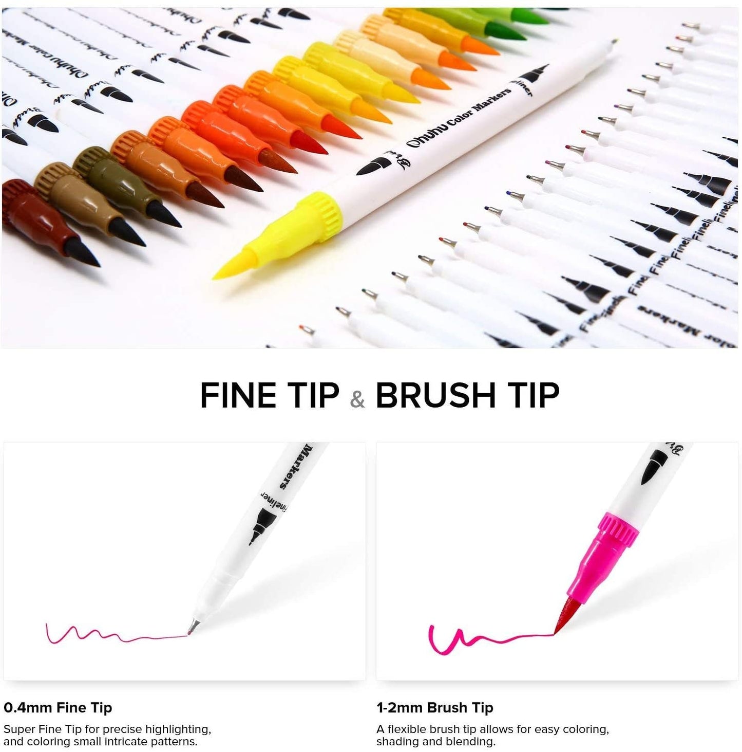 12-color dual tip brush pens for art and calligraphy with fine tip and brush tip, showcasing a variety of colors including yellow, orange, red, and green, designed for highlighting, shading, and intricate detailing.