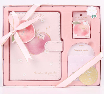 Peach Pink Magnetic Buckle Journal Gift Set with ribbon and peach-themed design, includes a journal, notepad, and stickers in a cute kawaii style, perfect for stationery lovers.