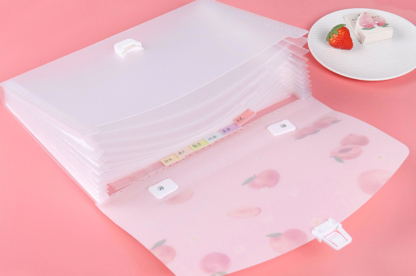 Pink Peach 13-Pocket A4 Document Organizer with cute peach design, featuring labeled tabs and secure clip, perfect for organizing documents, letters, and papers in kawaii style.