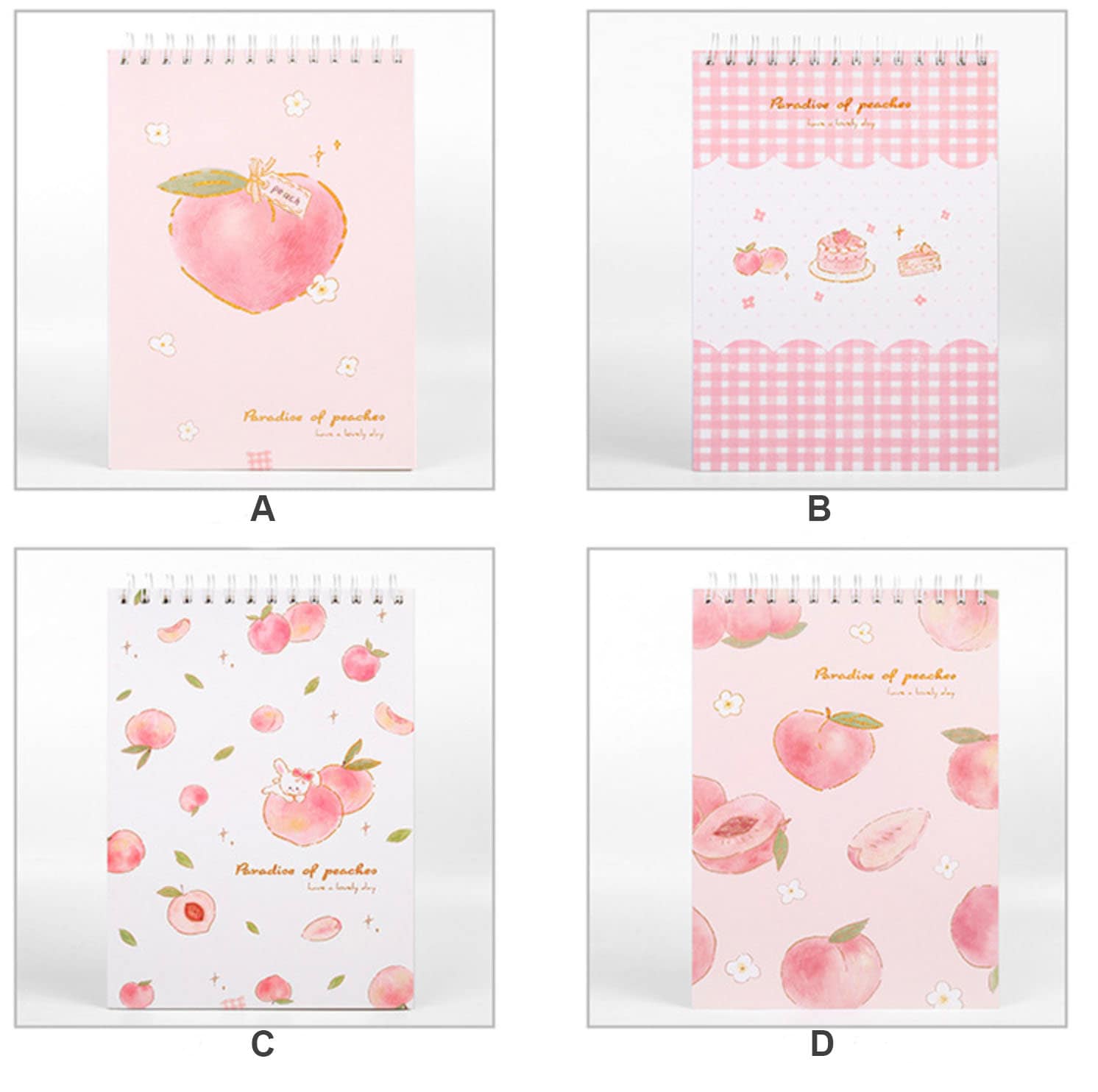 A4 Pink Peach Coil Sketch Book - Cute Planner with four designs: A - Single peach with flowers on pink background, B - Peach desserts on pink gingham background, C - Multiple peaches with a bunny on white background, D - Peach halves and flowers on pink background