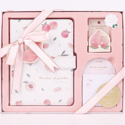 Peach Pink Magnetic Buckle Journal Gift Set featuring a floral design, pink ribbon, and additional stationery items in a pretty box. Perfect for cute office supplies, journaling, and gift-giving occasions.