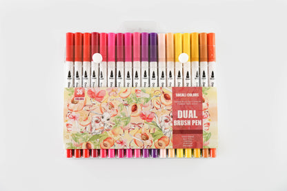 36 Colors Dual Tip Brush Markers Set for Art featuring a vibrant assortment of colors, flexible brush tips, and fineliner tips, perfect for coloring, drawing, and lettering.