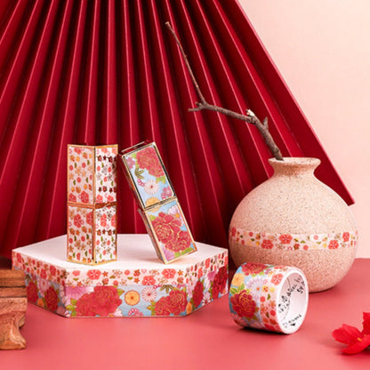 Flowers Washi Tape Set displayed with red and pink floral patterns, perfect for crafts and DIY projects.