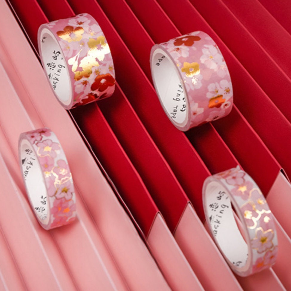 Pink Flowers Washi Tape Set featuring floral designs with gold accents, perfect for craft and DIY gifts.