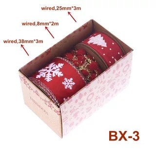 Christmas ornament ribbon set in a decorative box, featuring red and white ribbon with white snowflakes, and gold star designs; includes sizes: 38mm x 3m, 8mm x 2m, and 25mm x 3m.