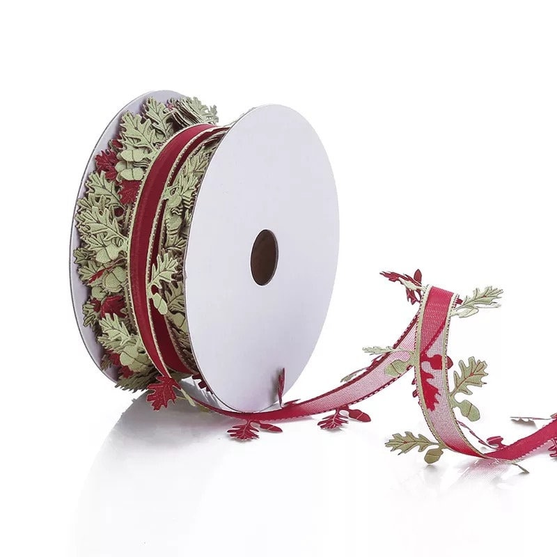 White Snowflakes & Gold Stars Ribbon - 5.5 Yards on spool, decorative edges, red and green festive holiday theme.