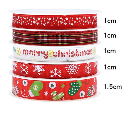 White Snowflakes & Gold Stars Ribbon - 5.5 Yards, festive Christmas themed ribbons in multiple designs including plaid, "merry christmas" text, white snowflakes on red, and holiday mittens on a red background, 1cm and 1.5cm widths.