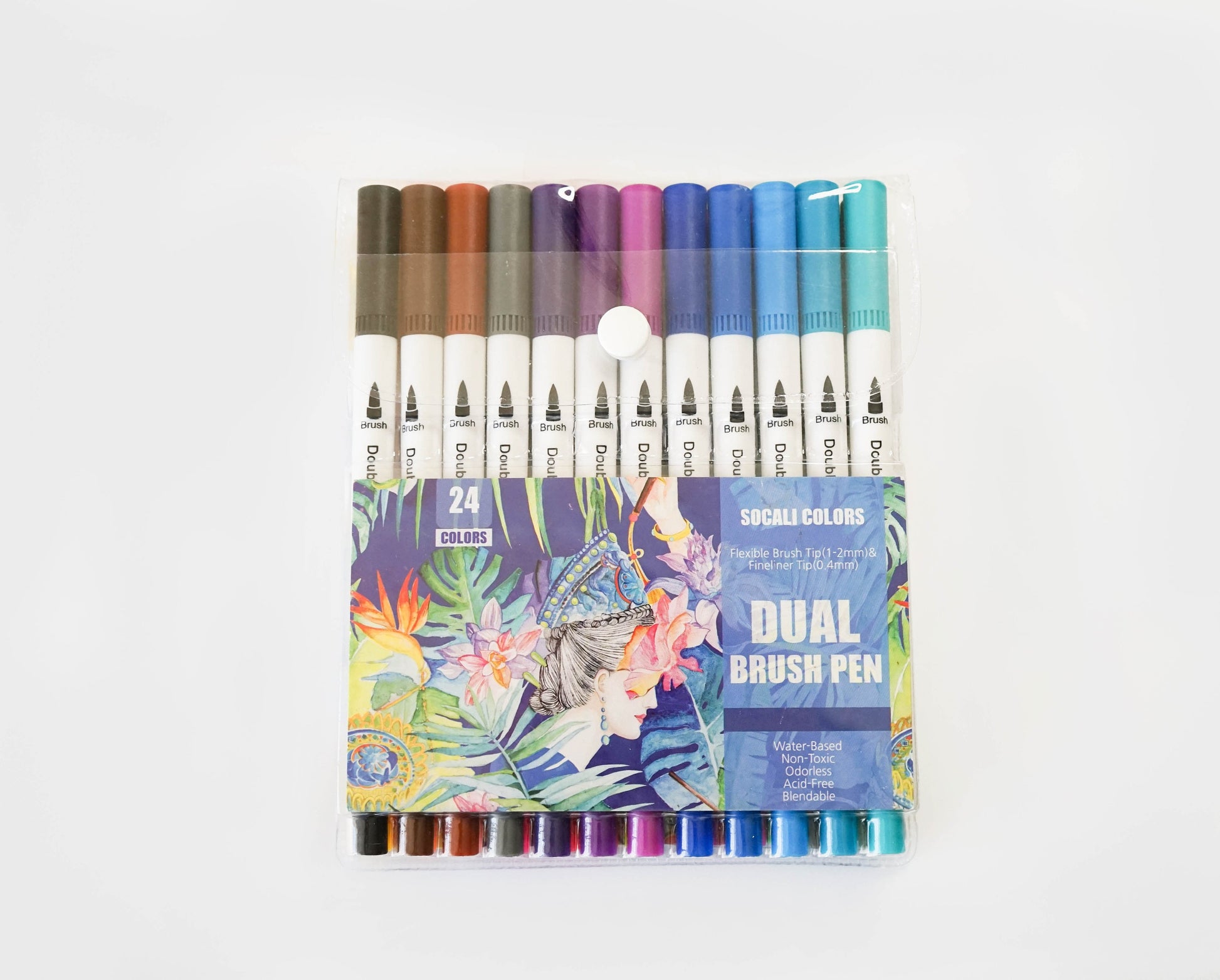 24-Color Dual Tip Brush Marker Set - vibrant art supplies with flexible brush tips and fine liner tips, featuring a range of colors for creative projects.