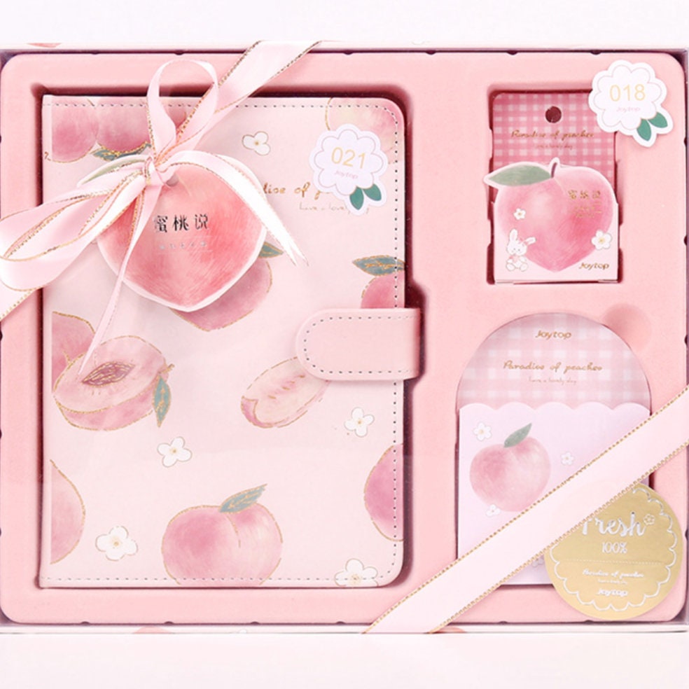 Peach Pink Magnetic Buckle Journal Gift Set with cute peach designs, includes a journal, sticky notes, and tags, perfect for kawaii stationery lovers.