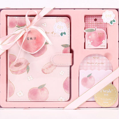 Peach Pink Magnetic Buckle Journal Gift Set with cute peach designs, includes a journal, sticky notes, and tags, perfect for kawaii stationery lovers.