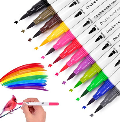 12-Color Dual Tip Brush Pens for Art & Calligraphy showing an array of vibrant colors with sample strokes and illustration of a bird in pink.