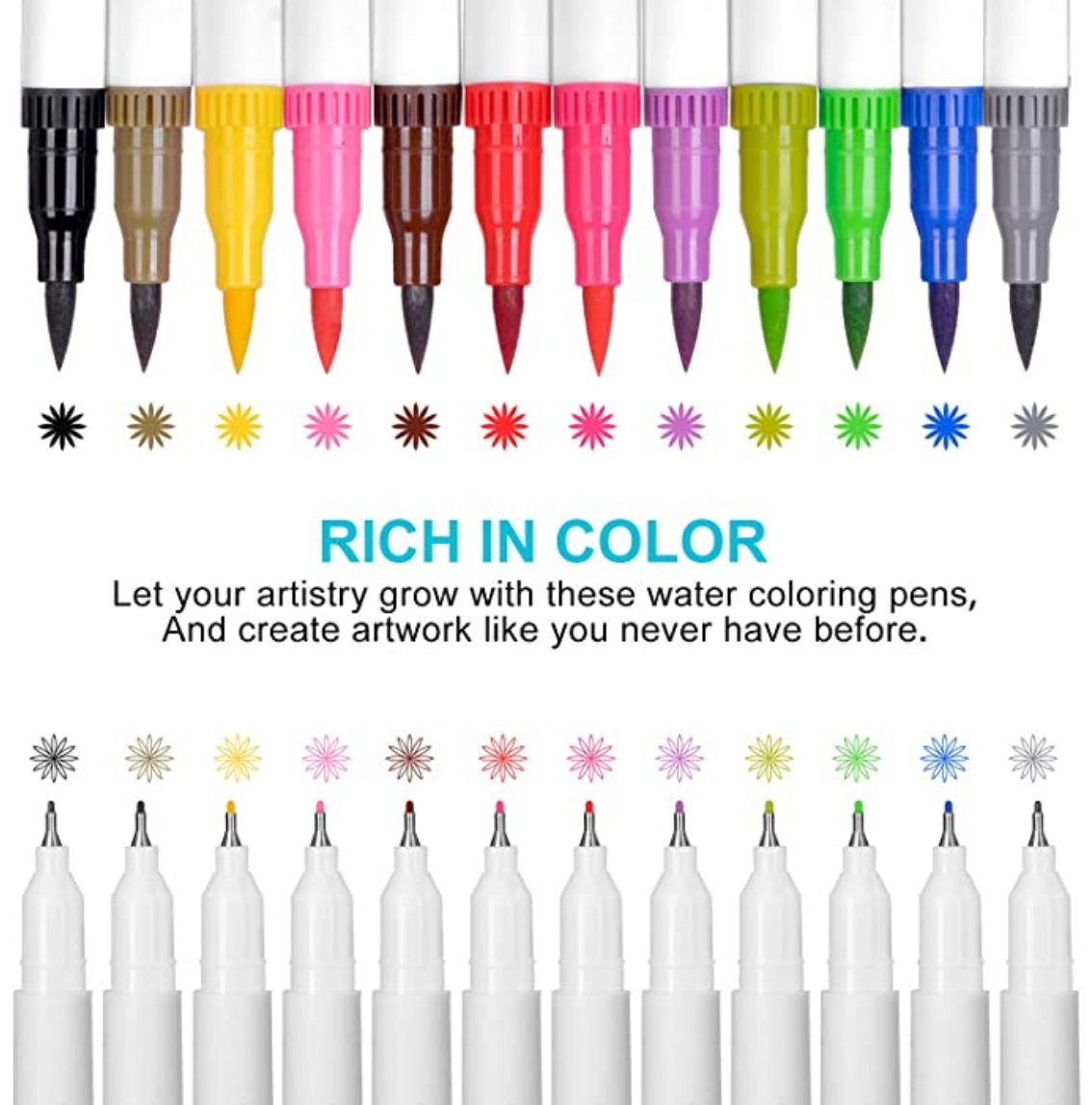 12-color dual tip brush pens with fine and brush tips for art and calligraphy.