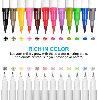 12-color dual tip brush pens with fine and brush tips for art and calligraphy.