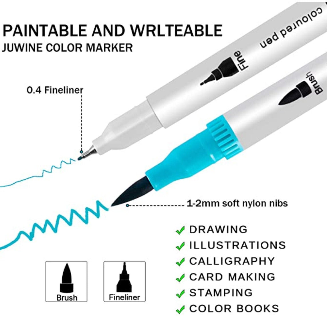 12-color dual tip brush pens for art and calligraphy, featuring 0.4mm fineliner and 1-2mm flexible nylon brush tip, perfect for drawing, illustrations, calligraphy, card making, stamping, and coloring books.