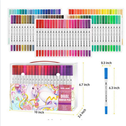 100 Colors Dual Tip Brush Marker Set for All Ages, rainbow assortment displayed, featuring brush and fine tips, ideal for kids, students, and artists, vibrant unicorn packaging.