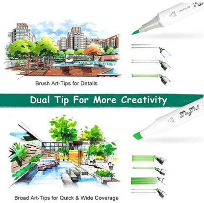 12-color dual tip alcohol markers with case showing brush tip for details and broad tip for quick and wide coverage, displayed with illustrations of building landscapes.