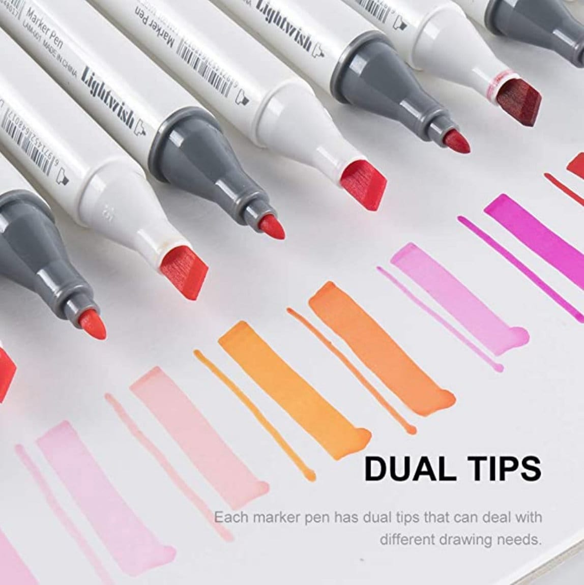 12-color dual tip alcohol markers with sample strokes on paper highlighting the vibrant colors and dual-tip design for versatile drawing and lettering.