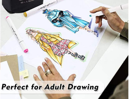 12-Color Dual Tip Alcohol Markers with Case used for fashion illustration on a white sheet, artist hands holding markers, text "Perfect for Adult Drawing" in the foreground.