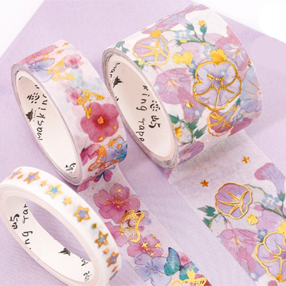 Pink & Gold Flower Washi Tape Set - 5 Rolls featuring floral and butterfly patterns, decorative masking tape for scrapbooking, journaling, and crafts.