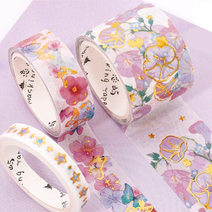 Pink & Gold Flower Washi Tape Set - 5 Rolls featuring floral and butterfly patterns, decorative masking tape for scrapbooking, journaling, and crafts.