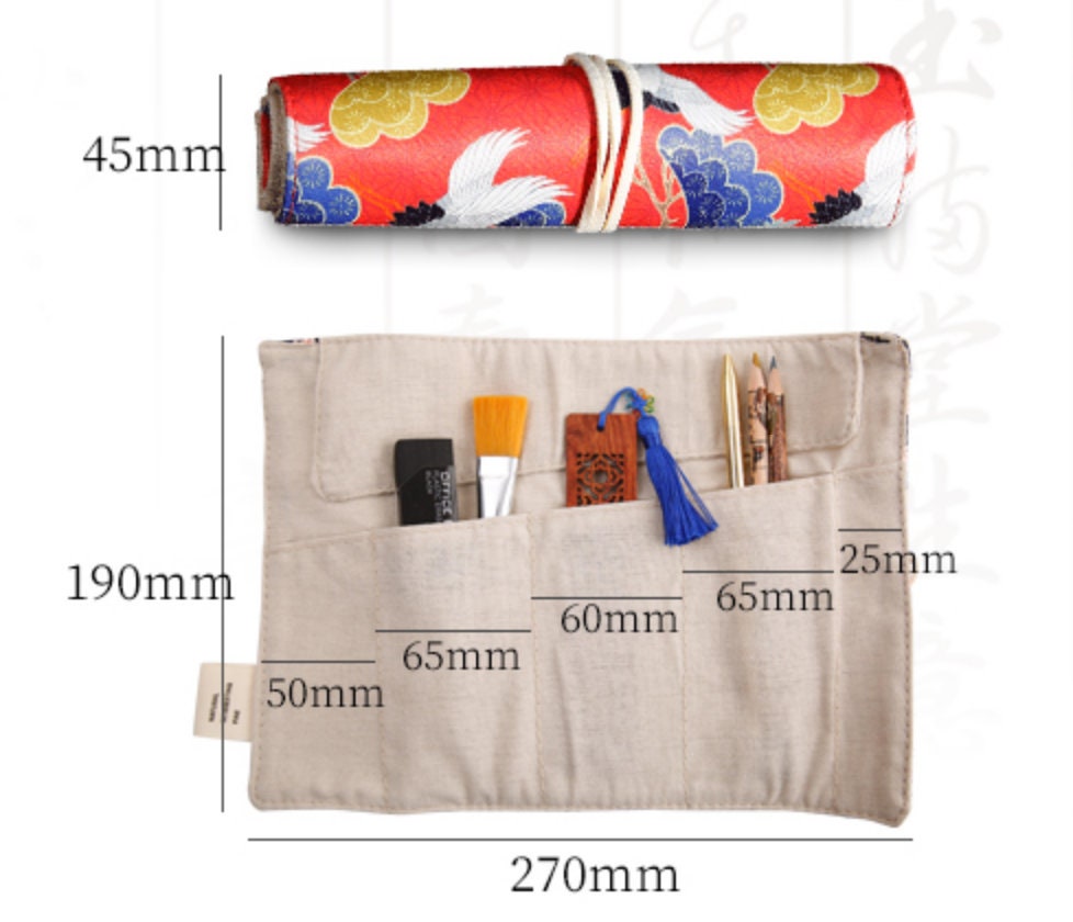 Floral Roll-Up Pencil Case - Artist Brush Holder displaying dimensions. Red floral patterned exterior when rolled up, beige interior with multiple pockets holding brushes and tools. Perfect for storing art supplies and stationary items.