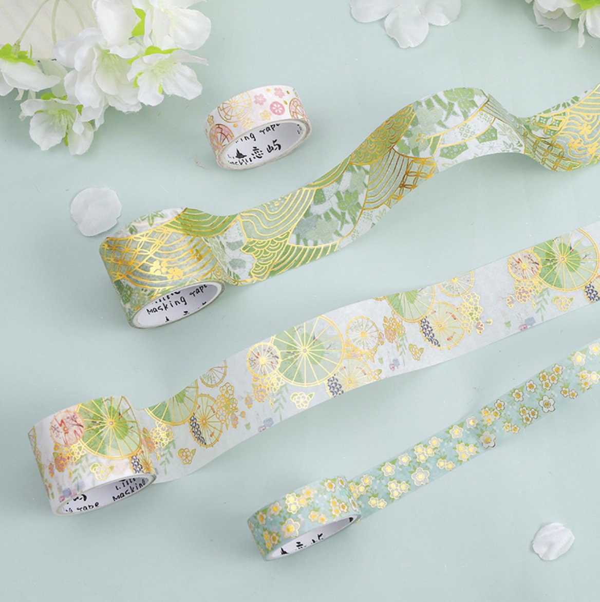 Nature Washi Tape Set with floral and botanical designs in green, gold, and pastel colors, perfect for stickers, planners, and craft supplies.