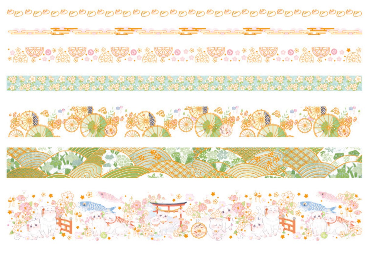 Nature Washi Tape Set featuring colorful designs with flowers, wheels, fish, and cats, perfect for planners, stickers, and craft supplies in kawaii style.